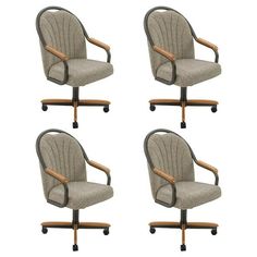 four office chairs with wooden arms and casteors, all in grey fabric upholstered