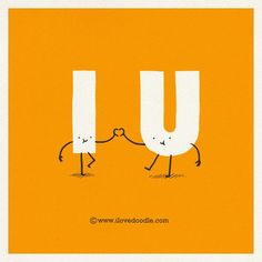 two cartoon characters holding hands with the letter u in front of them on an orange background