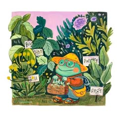 a drawing of a frog holding a basket in front of some plants and signs with words on them