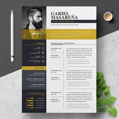 a professional resume template with yellow accents on the front and black, gray, and white colors