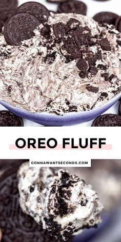 oreo fluff ice cream in a bowl with cookies on the side and text overlay