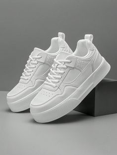 Men's White Minimalist Versatile Thick Sole Casual Skateboard Sneakers, Comfortable Breathable Front Lace-Up Lightweight Outdoor Fashionable Couple Athletic Shoes, Shoes For Men White     Colorblock,Letter,Plain    Men Shoes, size features are:Bust: ,Length: ,Sleeve Length: Trendy Shoes Sneakers Men, Trendy White Shoes, White Shoes Outfit Men, Best White Sneakers For Men, Trendy Shoes For Men, Shoes Guys, Trendy Mens Shoes, White Shoes Outfit, Sneakers Trendy