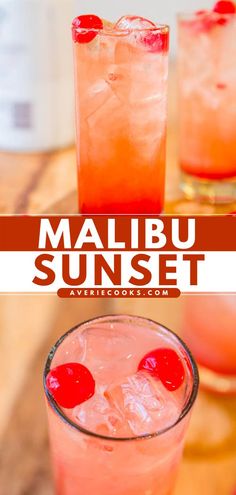 Malibu Sunset, summer cocktail recipes, alcoholic drinks Rum Drink Recipes, Sweet Alcoholic Drinks, Rum Mixed Drinks, Fruity Mixed Drinks, Fruity Alcohol Drinks, Malibu Drinks, Malibu Sunset