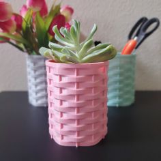 two vases with plants in them sitting on a table next to utensils