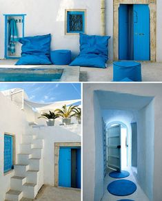 blue and white interior design with steps leading up to the door, stairs down to the pool