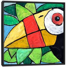 a painting of a bird with red eyes and green leaves