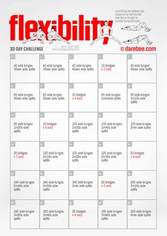 a calendar with the words flexibility written in red and white on it, next to an image of a man doing exercises