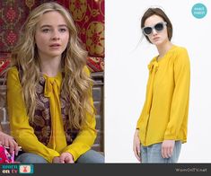 Maya’s yellow neck tie blouse on Girl Meets World.  Outfit Details: http://wornontv.net/50378/ #GirlMeetsWorld Sewing Club, Neck Tie Blouse, Characters Outfits, Awesome Outfits, Disney Fashion