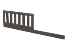 a wooden bed frame with slats on the top and bottom ends, in dark wood