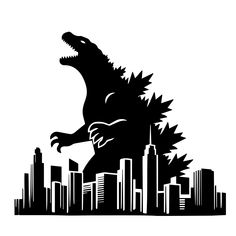 a black and white silhouette of a godzilla in front of a cityscape with skyscrapers