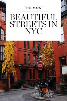 the most beautiful streets in new york city, with red brick buildings and yellow trees