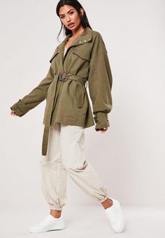 Cream Joggers, Khaki Jacket, Parisian Chic, Women's Coats & Jackets, Jackets Online, Women's Coats, Street Style Women, Fashion Street, Mid Length