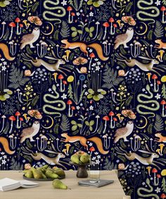 a wallpaper with foxes and plants on it