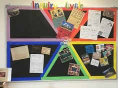 a bulletin board with many different papers on it