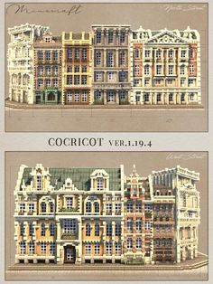 two drawings of buildings with windows and balconies on the top, bottom and bottom