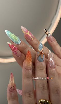 Creative Acrylic Nail Designs, Nail Art Designs Aesthetic, Nailtech Aesthetic, Summery Nails, Classy Acrylic Nails