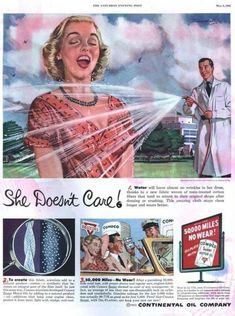 an old advertisement for soaps from the 1950's shows a woman spraying herself with water