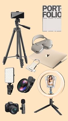 a camera, flash light, tripod and other items are arranged on a beige background