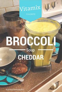 broccoli soup and doughnuts on a kitchen counter with the words broccoli soup cheddar