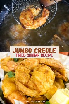 fried shrimp is being cooked in a frying pan with the words, jumbo cro