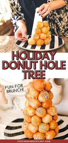 This fun Donut Hole Tree idea is perfect for breakfast, brunch or any time you need a sweet dessert. It's easy to make and your kids will love it! Christmas Tree Breakfast Ideas, Christmas Donut Holes, Donut Hole Tree Christmas, Donut Tree Christmas, Christmas Donut Tree, Donut Hole Christmas Tree, Donut Holes Display, Donut Hole Tower, Donut Hole Tree