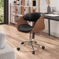 an office chair with wheels is in front of a bookcase