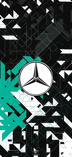 the mercedes logo is surrounded by geometric lines and shapes in black, white, and green