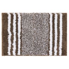 a brown and white rug with stripes on it