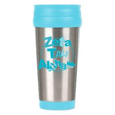 a blue and silver travel mug with the words, let's try again on it