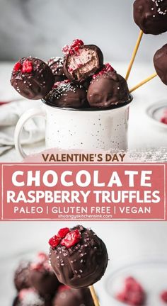 valentine's day chocolate raspberry truffles with text overlay that reads, valentine's day chocolate raspberry truffles