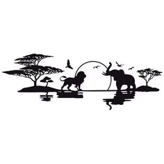 an elephant and lion are silhouetted against the background of trees, water and birds