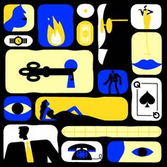 an image of a collage of different things in blue, yellow and white colors