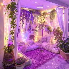 a living room filled with lots of plants and lights