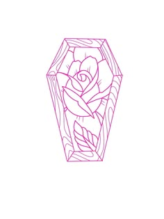 a pink line drawing of a rose in a crystal vase with leaves on it's sides