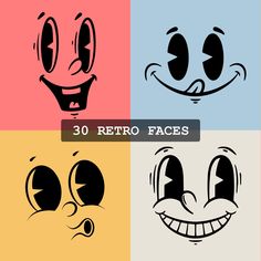 four cartoon faces with different expressions on each face and the words 30 retro faces above them