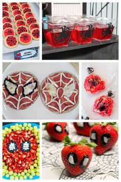 several pictures of different foods and desserts with spider - man faces on the side