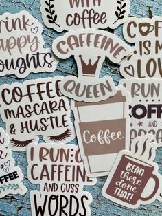 coffee stickers on a blue background with words and phrases in different languages, including the word