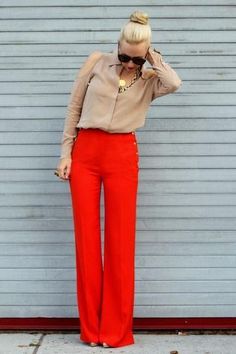 How chic are these red wide-leg pants?!  brooklyn blonde Brooklyn Blonde, Work Chic, Bohol, Outfit Trends, 가을 패션, Wearing Red