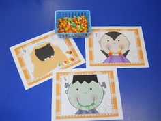 four pictures of children's faces and candy in front of a blue table top