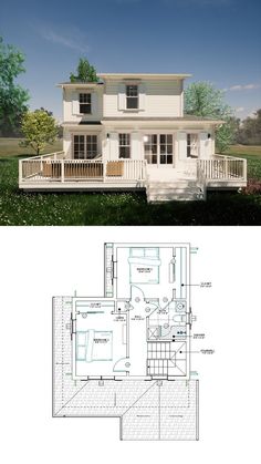 the floor plan for a two story house with an attached porch and second story bedroom