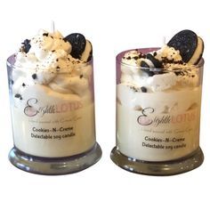 two candles that have ice cream and cookies in them