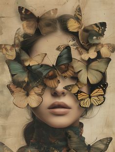 a woman's face with butterflies on her head and the image is made up of moths