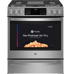 a stainless steel oven with no preheat air fry on the front and side