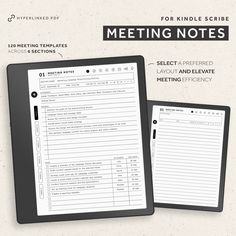 a tablet with a meeting notes on the screen and an image of a notepad next to it