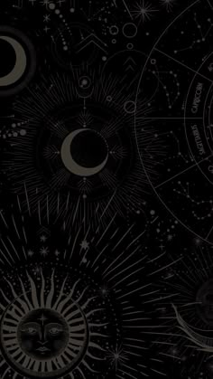 an artistic black and white background with sun, moon and stars