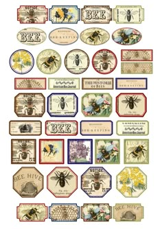 bees and honeybees labels are shown in different colors, sizes, and shapes