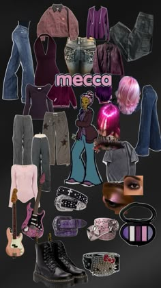 a collage of clothes and shoes with the word meco on it in pink