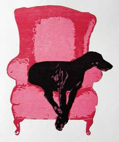 a black dog sitting on top of a pink chair