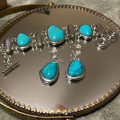 This Pretty Set Is Ready For You To Bring It Along On Date Night! A Gift For Your Girlor A Gift For Yourself! Price Is Final. New Bracelet, On Date, Your Girl, Bring It, Earring Set, Date Night, Silver Tone, Blue Green, Women Jewelry