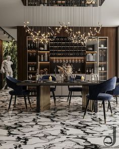 an elegant dining room with marble flooring and chandelier hanging from the ceiling